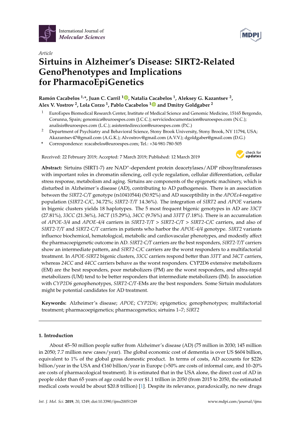 Sirtuins in Alzheimer's Disease: SIRT2-Related Genophenotypes and Implications for Pharmacoepigenetics