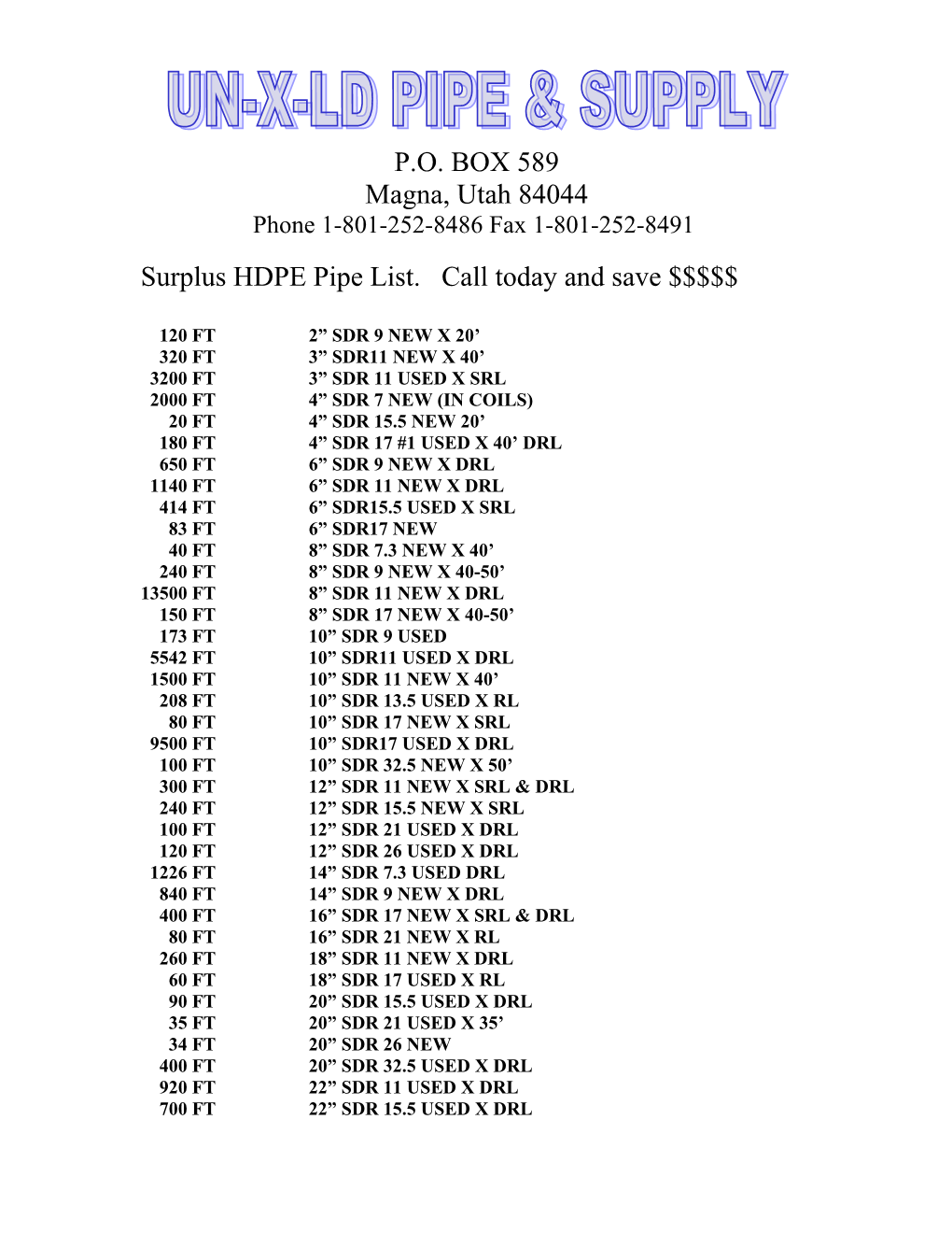 Surplus HDPE Pipe List. Call Today and Save $$$$$