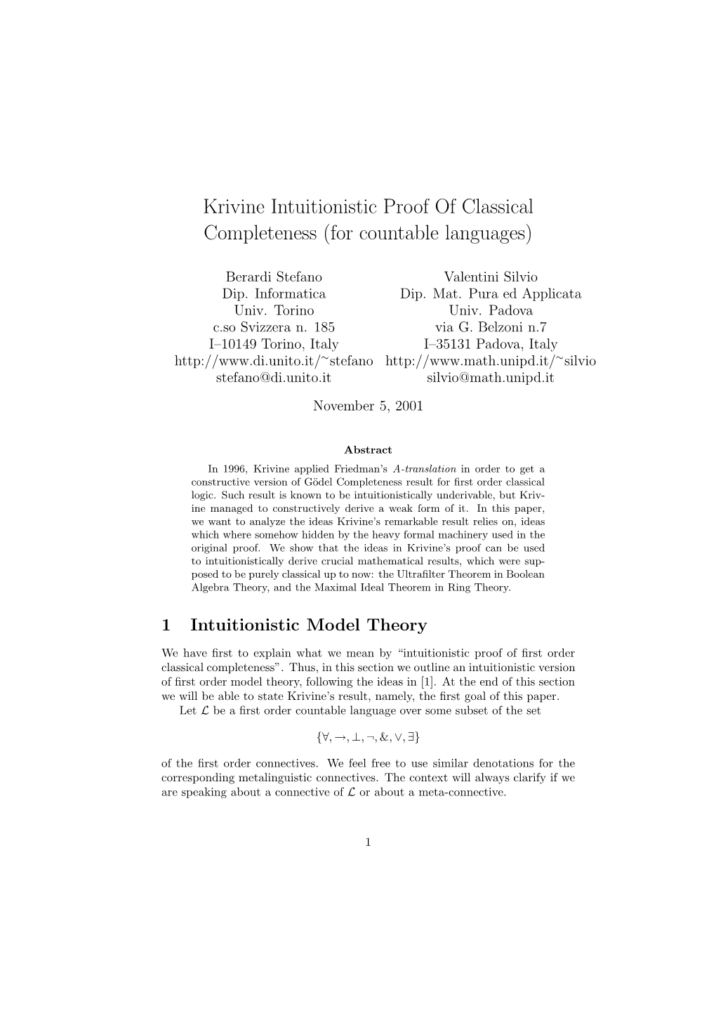 Krivine Intuitionistic Proof of Classical Completeness (For Countable Languages)