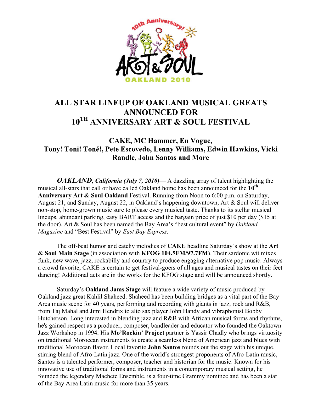 Star Lineup of Oakland Musical Greats Announced for 10Th Anniversary Art & Soul Festival