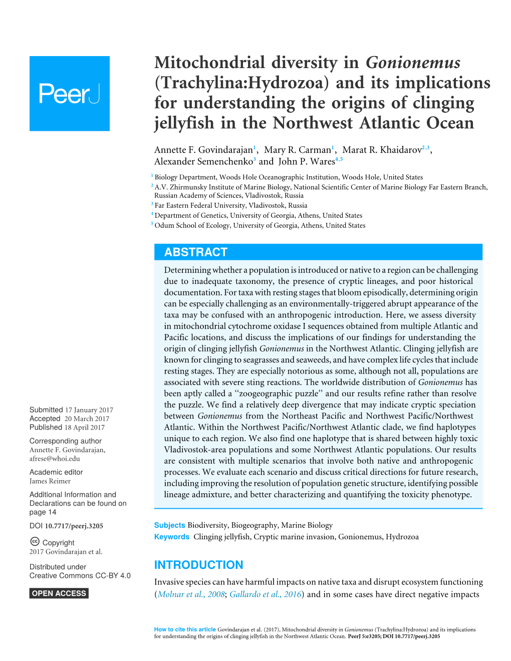 Mitochondrial Diversity in Gonionemus (Trachylina:Hydrozoa) and Its Implications for Understanding the Origins of Clinging Jellyfish in the Northwest Atlantic Ocean