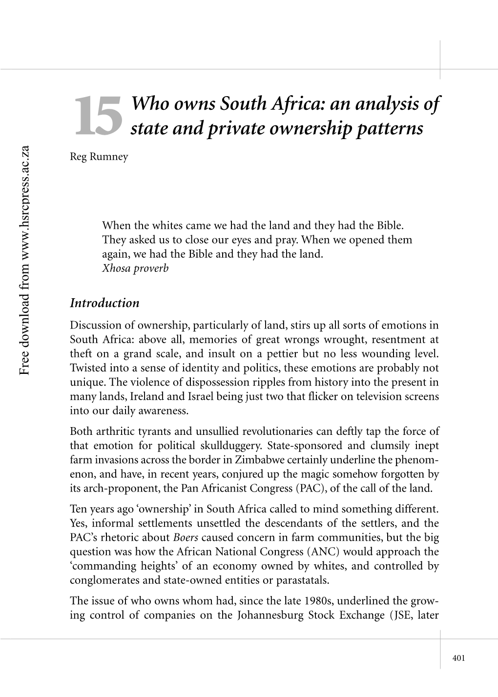 Who Owns South Africa: an Analysis of 15 State and Private Ownership Patterns Reg Rumney Ress.Ac.Za Ress.Ac.Za P
