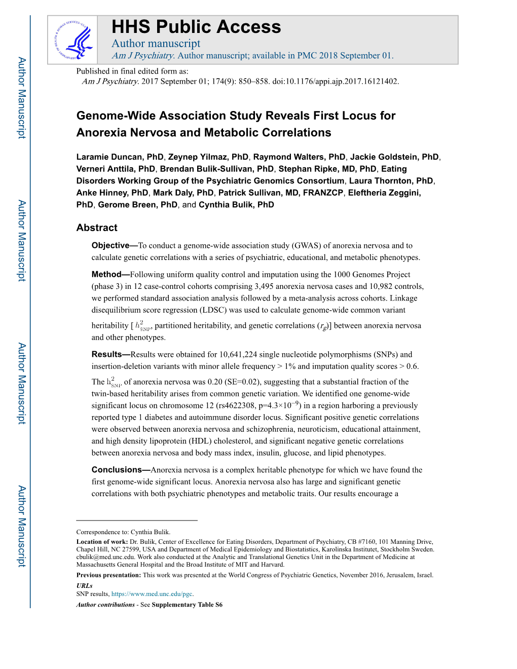 Genome-Wide Association Study Reveals First Locus for Anorexia Nervosa and Metabolic Correlations