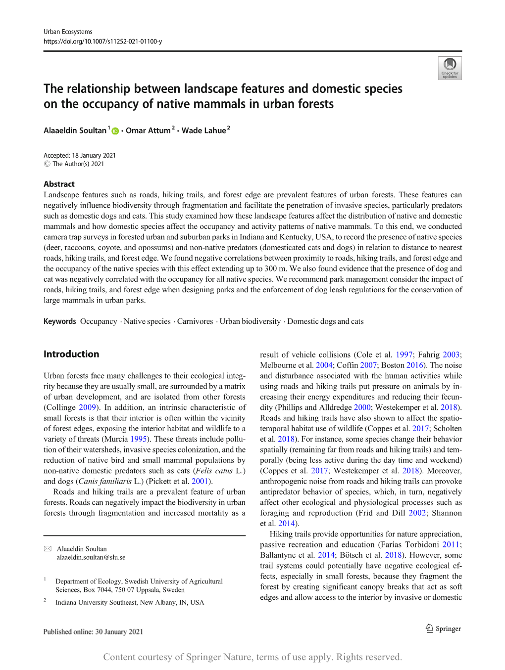 The Relationship Between Landscape Features and Domestic Species on the Occupancy of Native Mammals in Urban Forests