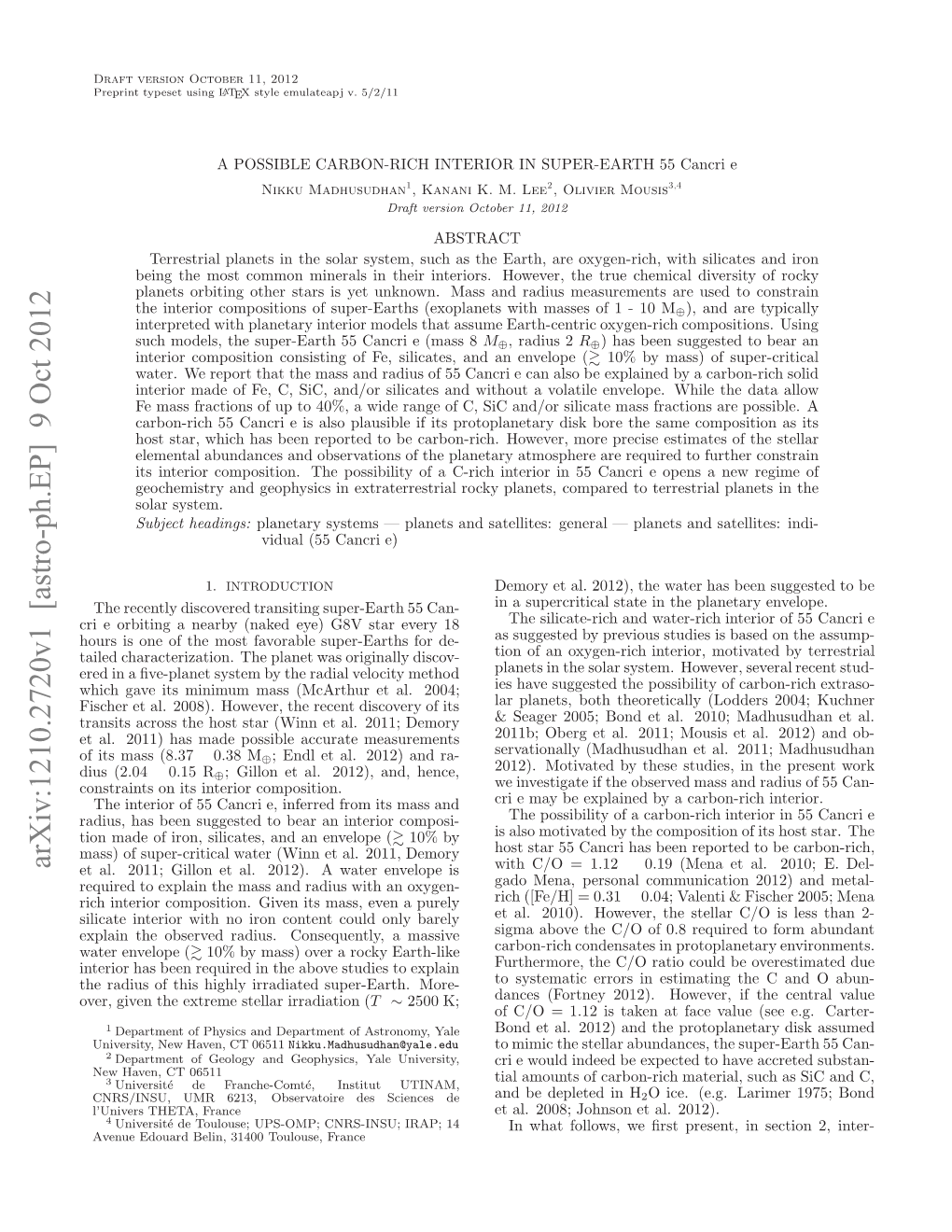 Arxiv:1210.2720V1 [Astro-Ph.EP] 9 Oct 2012 Xli H Bevdrdu.Cneunl,Amassive a Barely Consequently, Only ( Could Radius