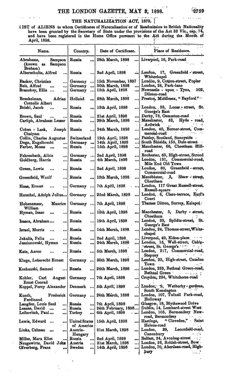 The London Gazette, May 8, 1898. '47-59 the Naturalization Act, 1870