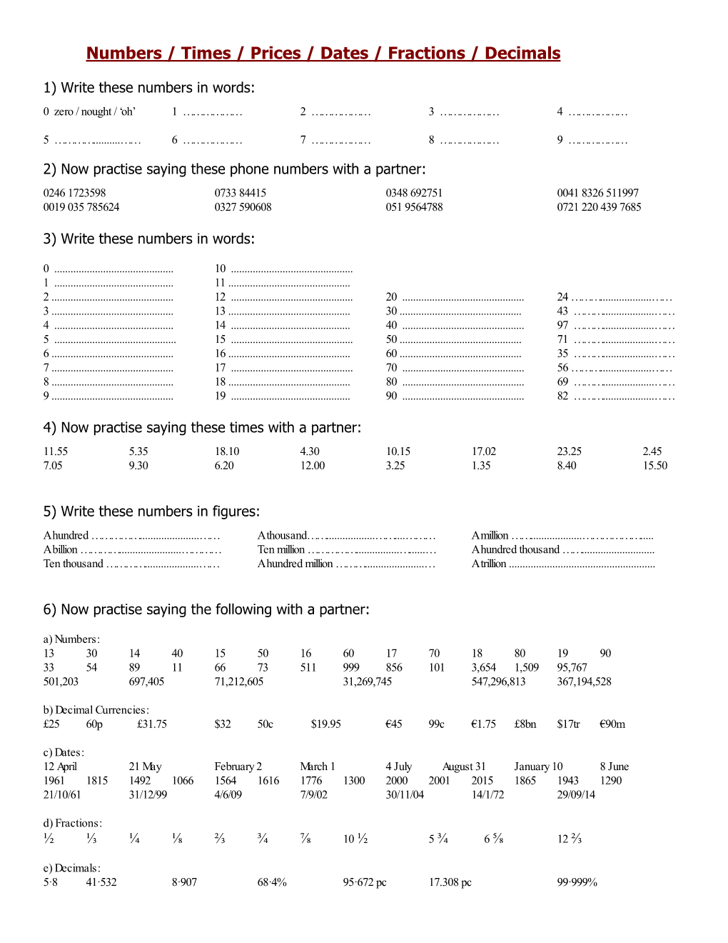 Numbers / Times / Prices / Dates / Fractions / Decimals