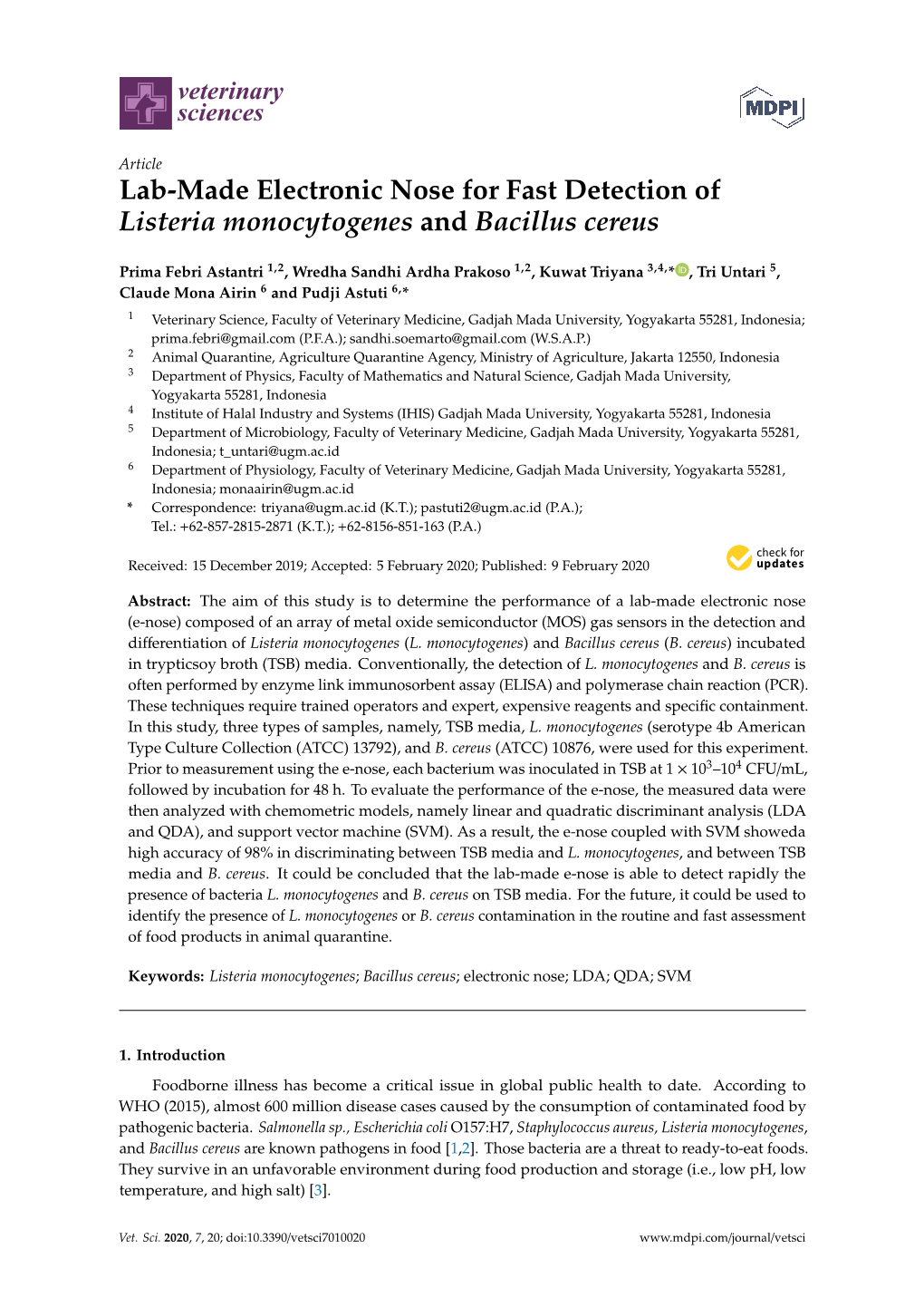 Lab-Made Electronic Nose for Fast Detection of Listeria Monocytogenes and Bacillus Cereus