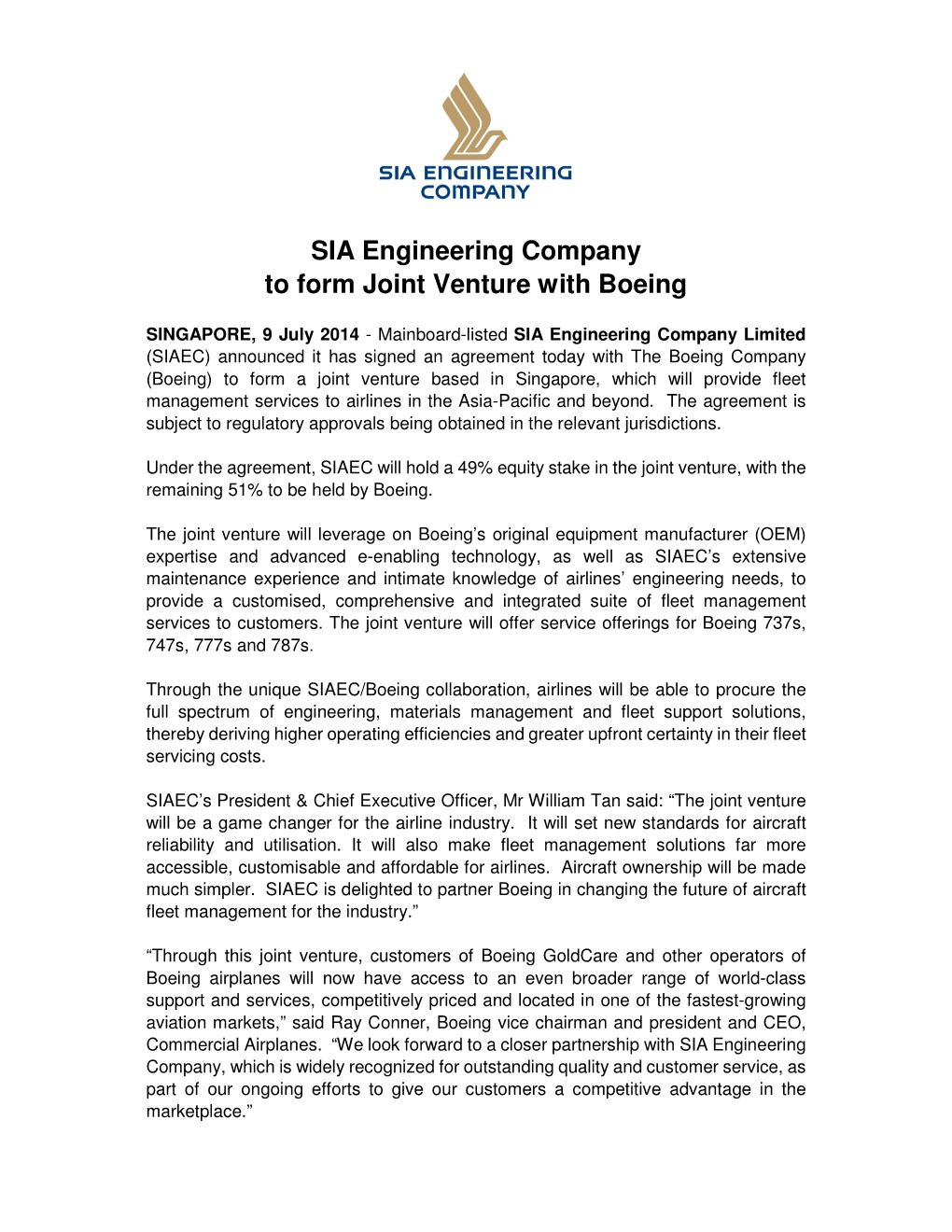 SIA Engineering Company to Form Joint Venture with Boeing