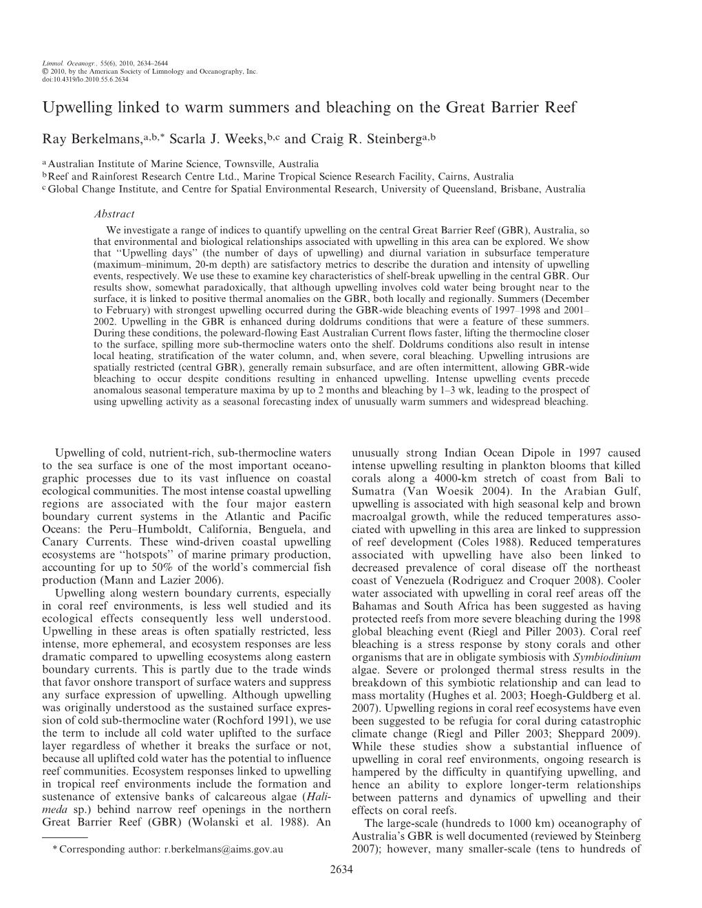 Upwelling Linked to Warm Summers and Bleaching on the Great Barrier Reef