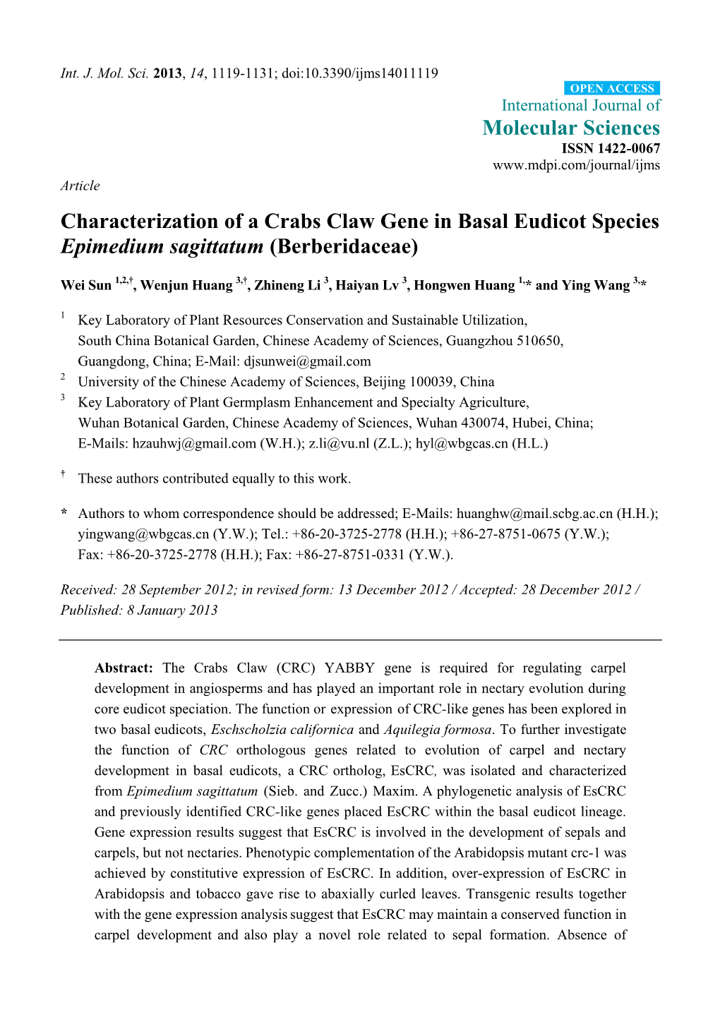 Characterization of a Crabs Claw Gene in Basal Eudicot Species Epimedium Sagittatum (Berberidaceae)