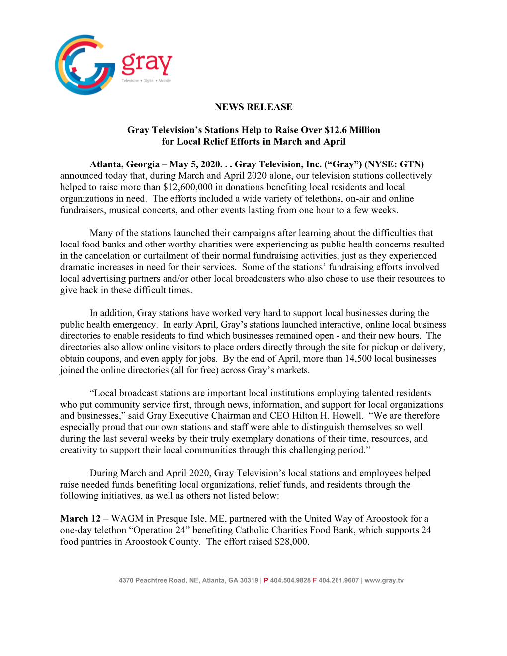 NEWS RELEASE Gray Television's Stations Help to Raise Over $12.6