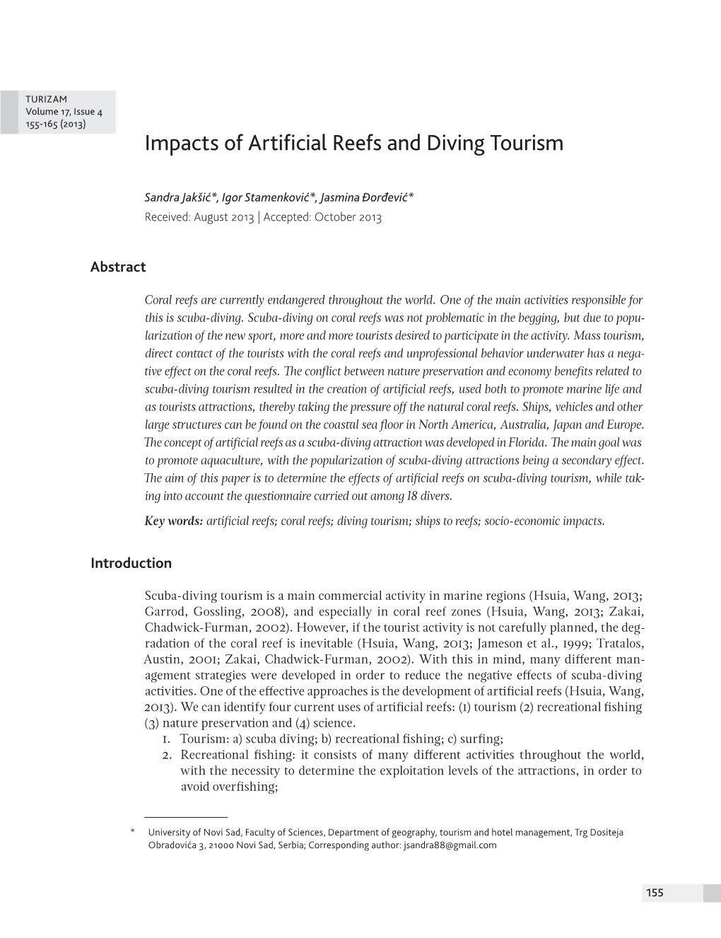 Impacts of Artificial Reefs and Diving Tourism