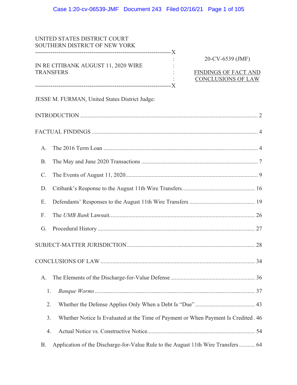 Case 1:20-Cv-06539-JMF Document 243 Filed 02/16/21 Page 1 of 105