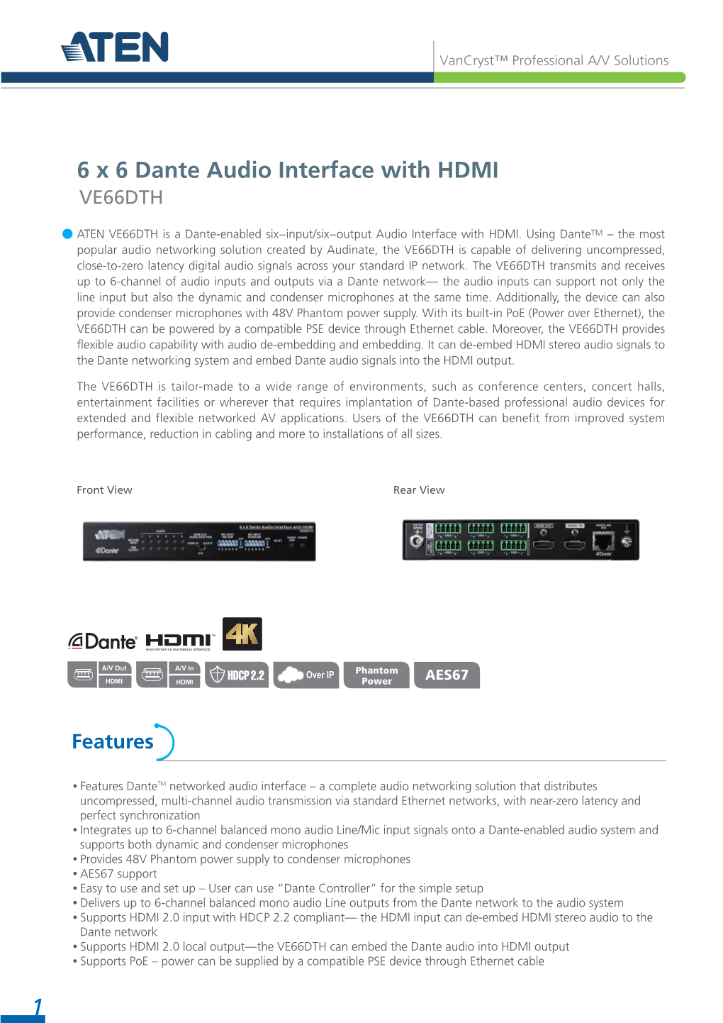 6 X 6 Dante Audio Interface with HDMI VE66DTH