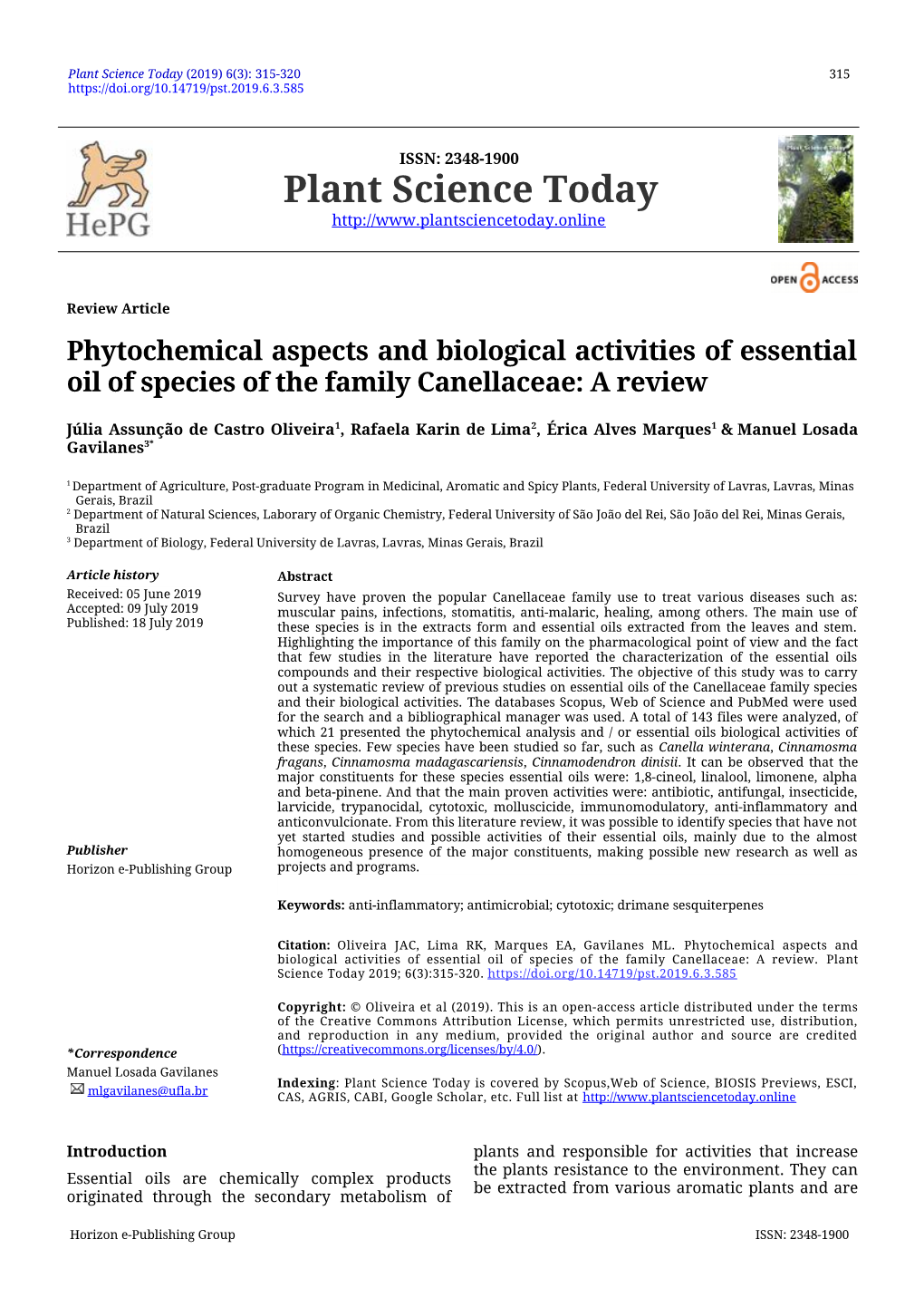 Phytochemical Aspects and Biological Activities of Essential Oil of Species of the Family Canellaceae: a Review