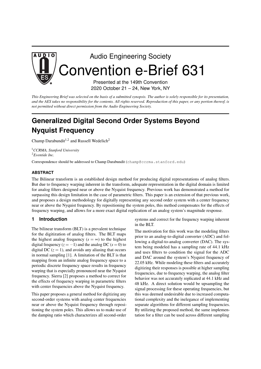 Convention E-Brief 631 Presented at the 149Th Convention 2020 October 21 – 24, New York, NY This Engineering Brief Was Selected on the Basis of a Submitted Synopsis