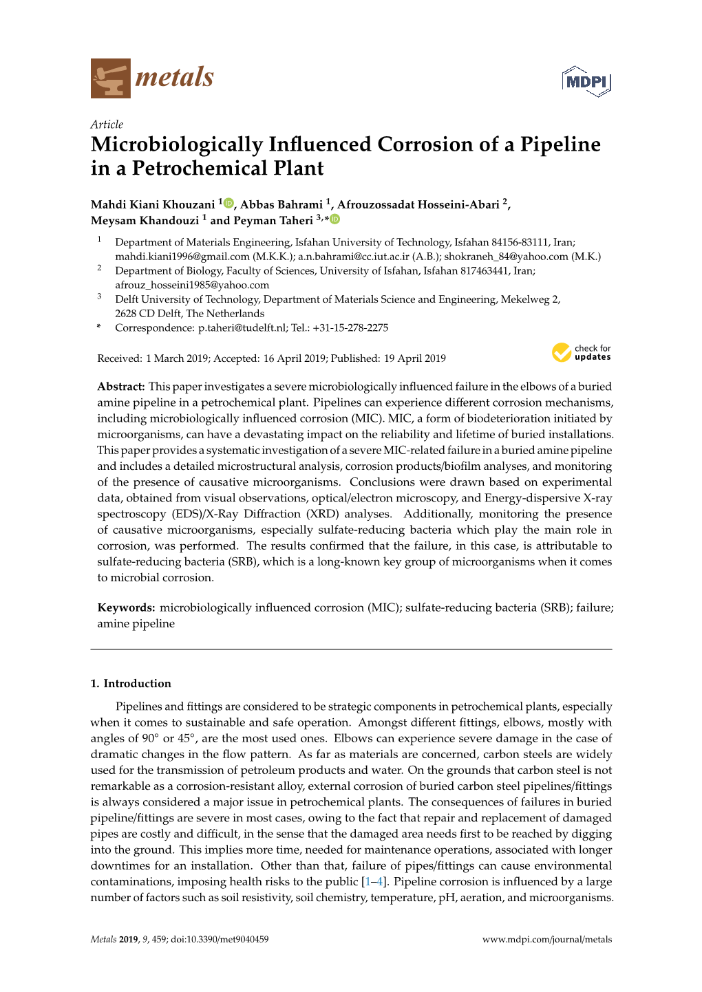 Microbiologically Influenced Corrosion of a Pipeline in a Petrochemical