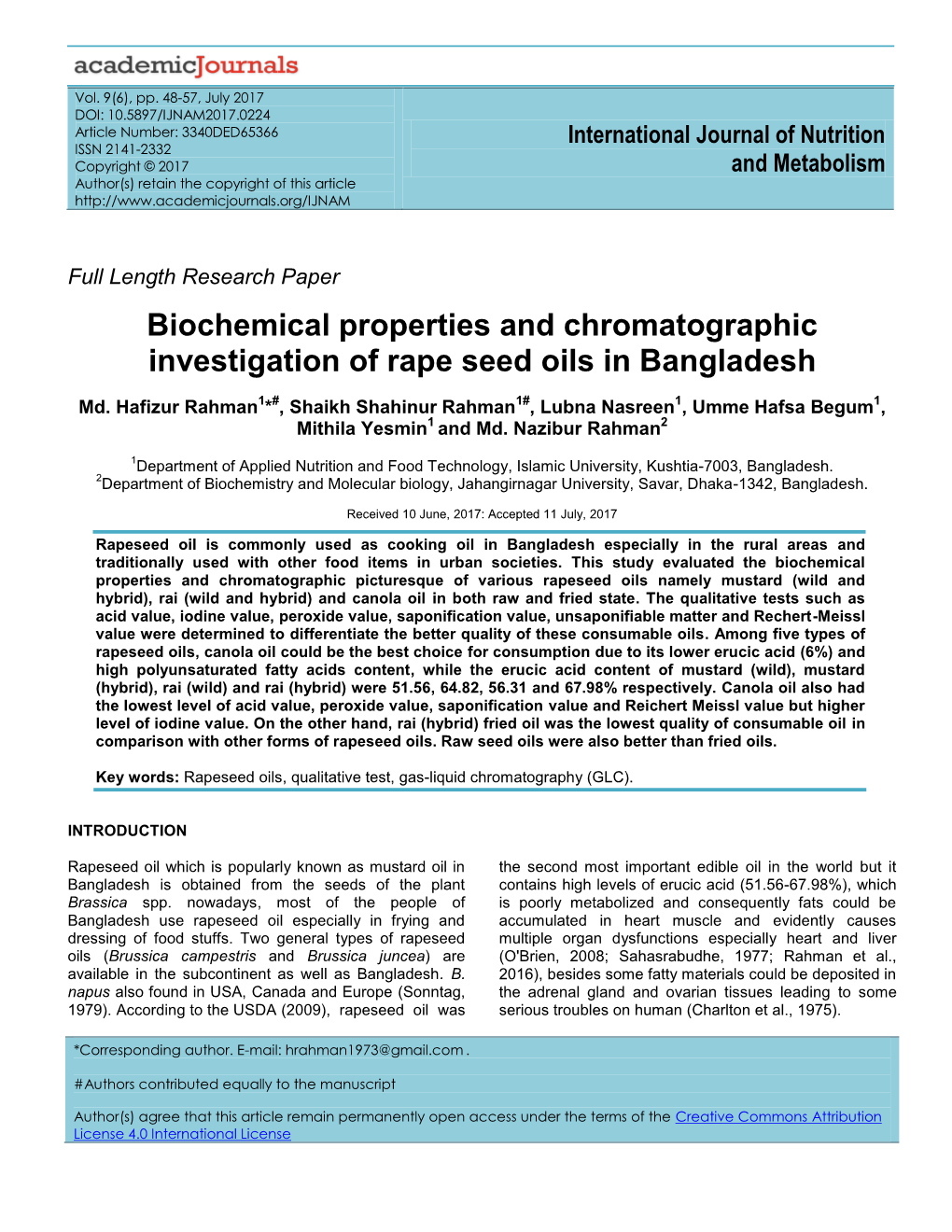 Biochemical Properties and Chromatographic Investigation of Rape Seed Oils in Bangladesh