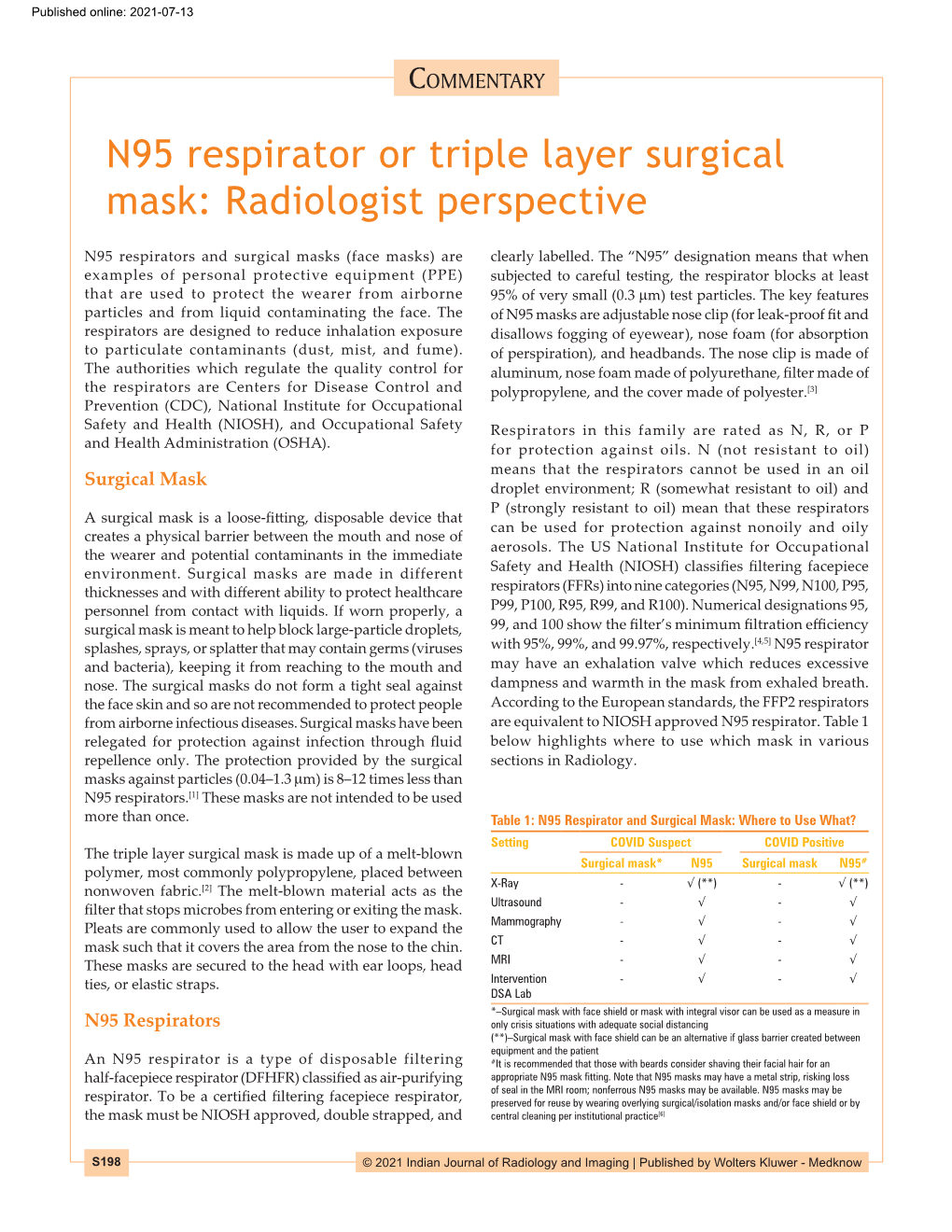 N95 Respirator Or Triple Layer Surgical Mask: Radiologist Perspective