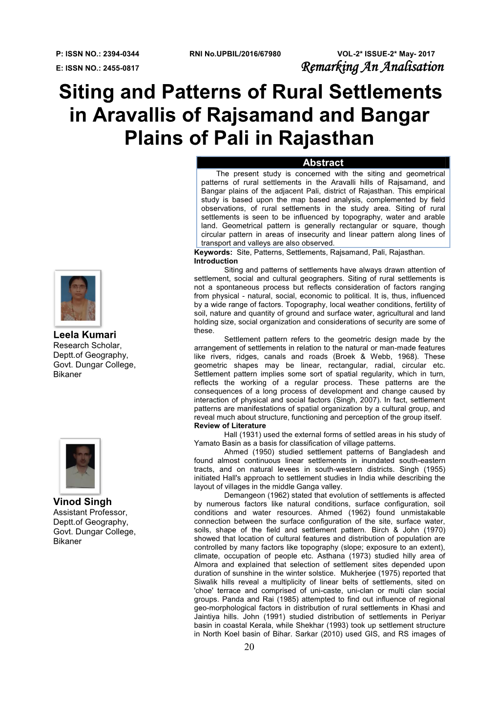 Siting and Patterns of Rural Settlements in Aravallis Of