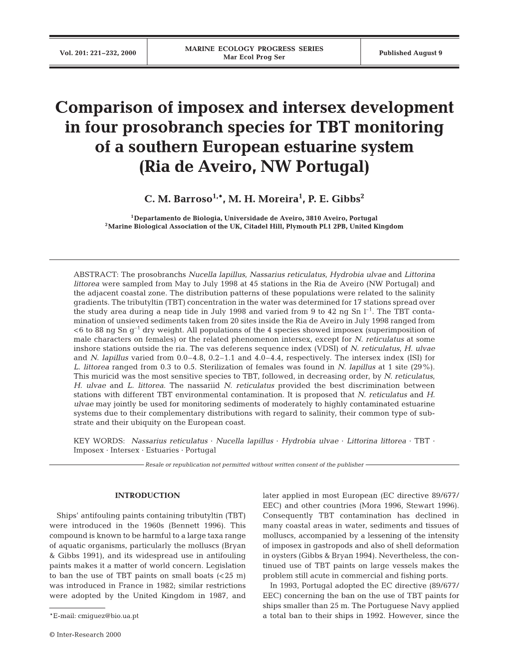 Comparison of Imposex and Intersex Development in Four Prosobranch Species for TBT Monitoring of a Southern European Estuarine System (Ria De Aveiro, NW Portugal)