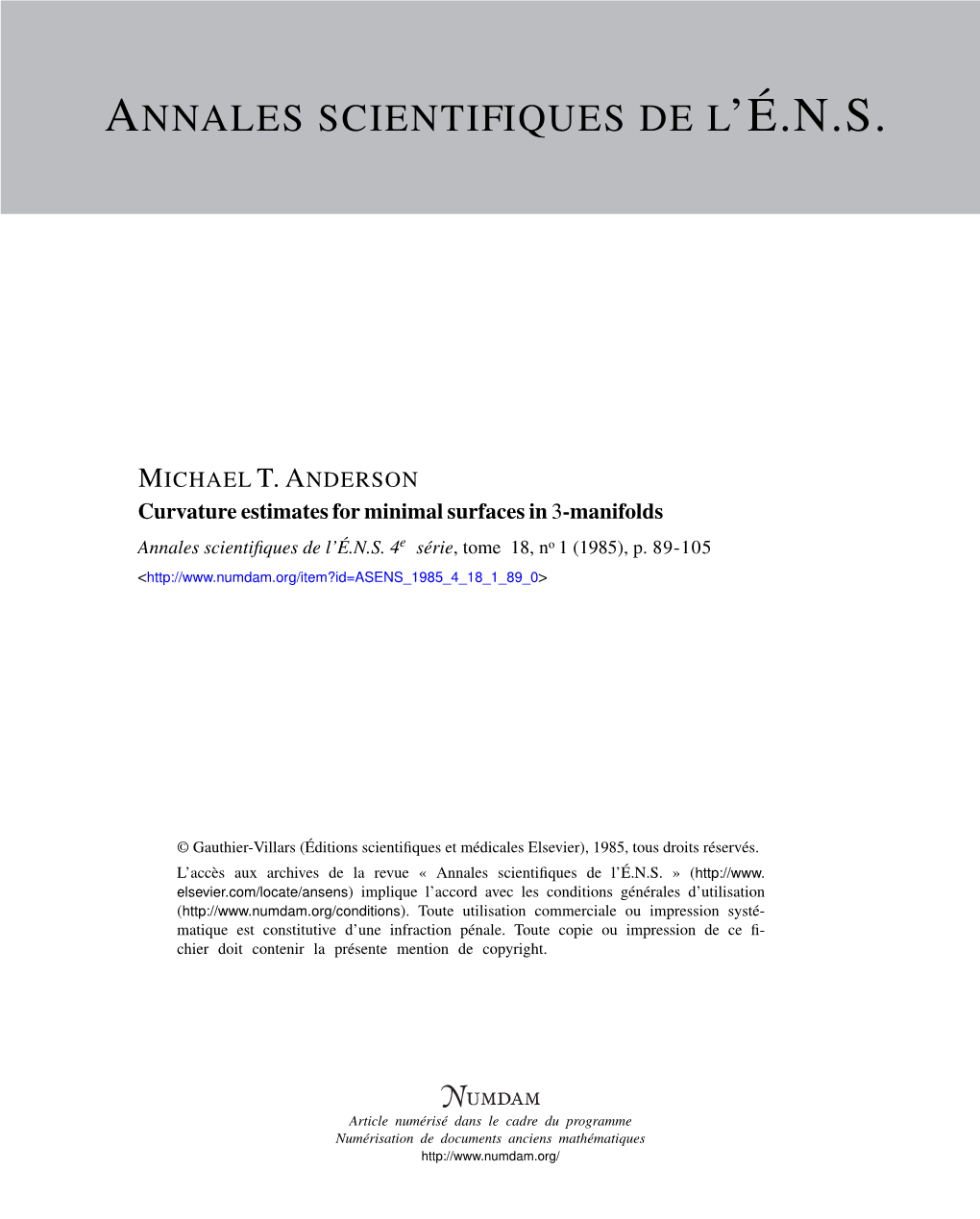 Curvature Estimates for Minimal Surfaces in 3-Manifolds Annales Scientiﬁques De L’É.N.S