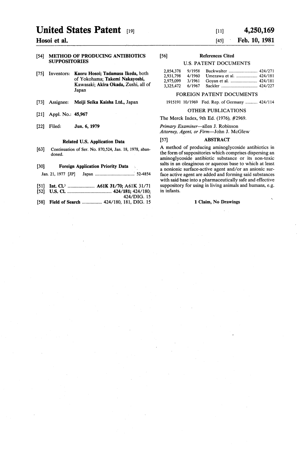 United States Patent (19) 11) 4,250,169 Hosoi Et Al