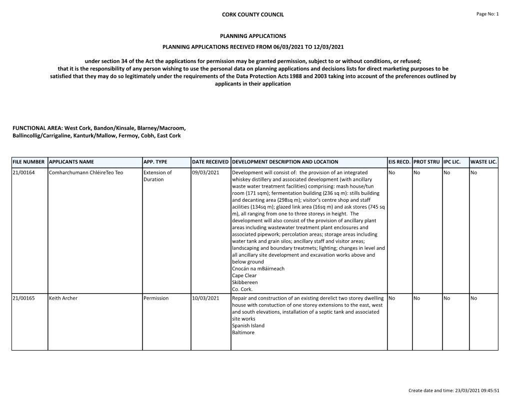 Report Weekly Lists Planning Application Received