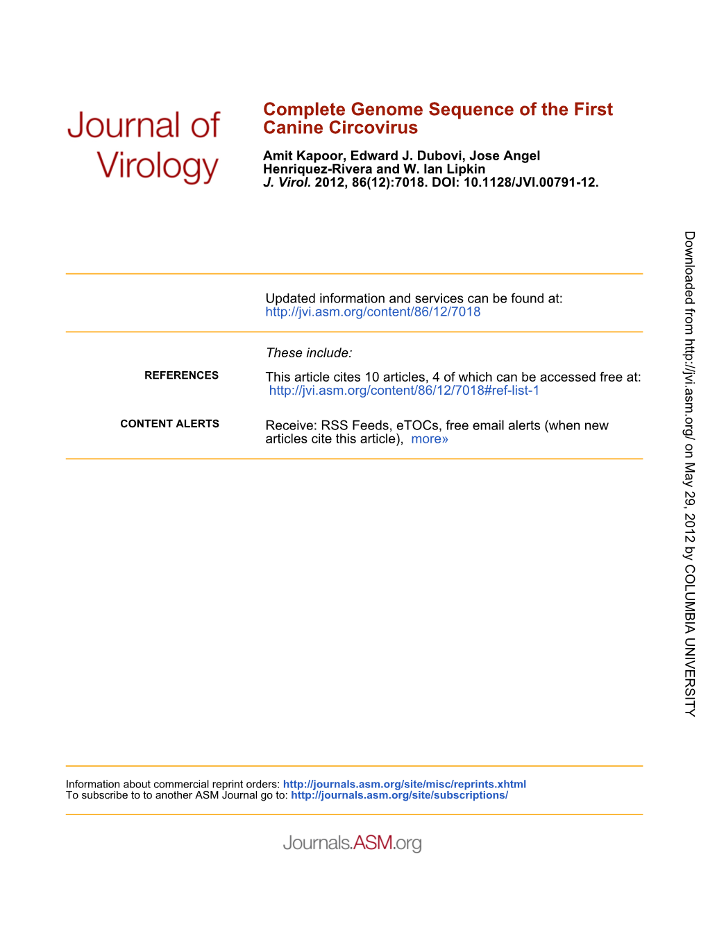 Complete Genome Sequence of the First Canine Circovirus