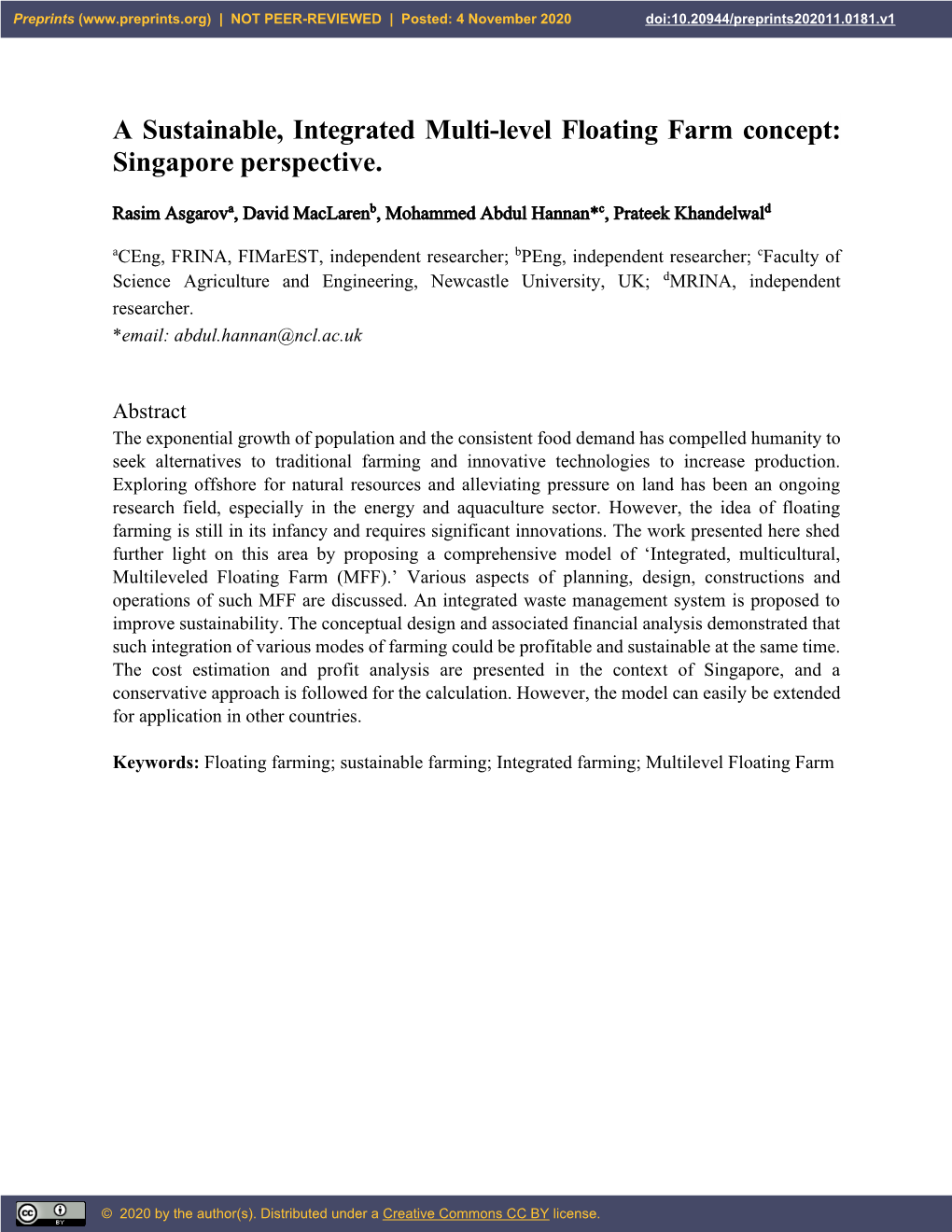 A Sustainable, Integrated Multi-Level Floating Farm Concept: Singapore Perspective