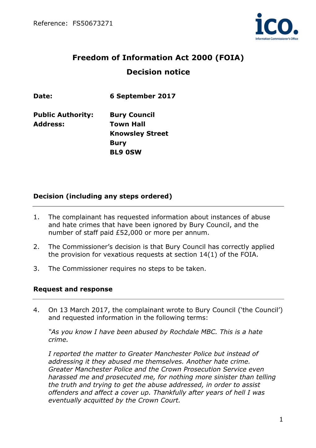 Freedom of Information Act 2000 (FOIA) Decision Notice