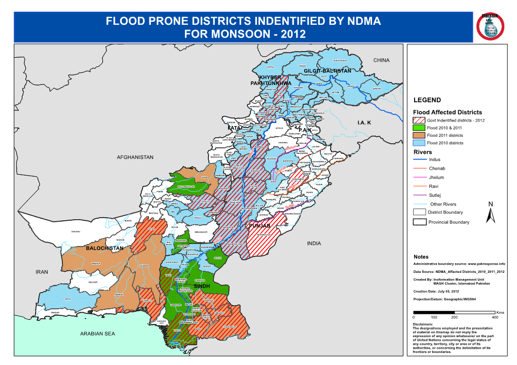 Flood Prone Districts Indentified by Ndma for Monsoon - 2012