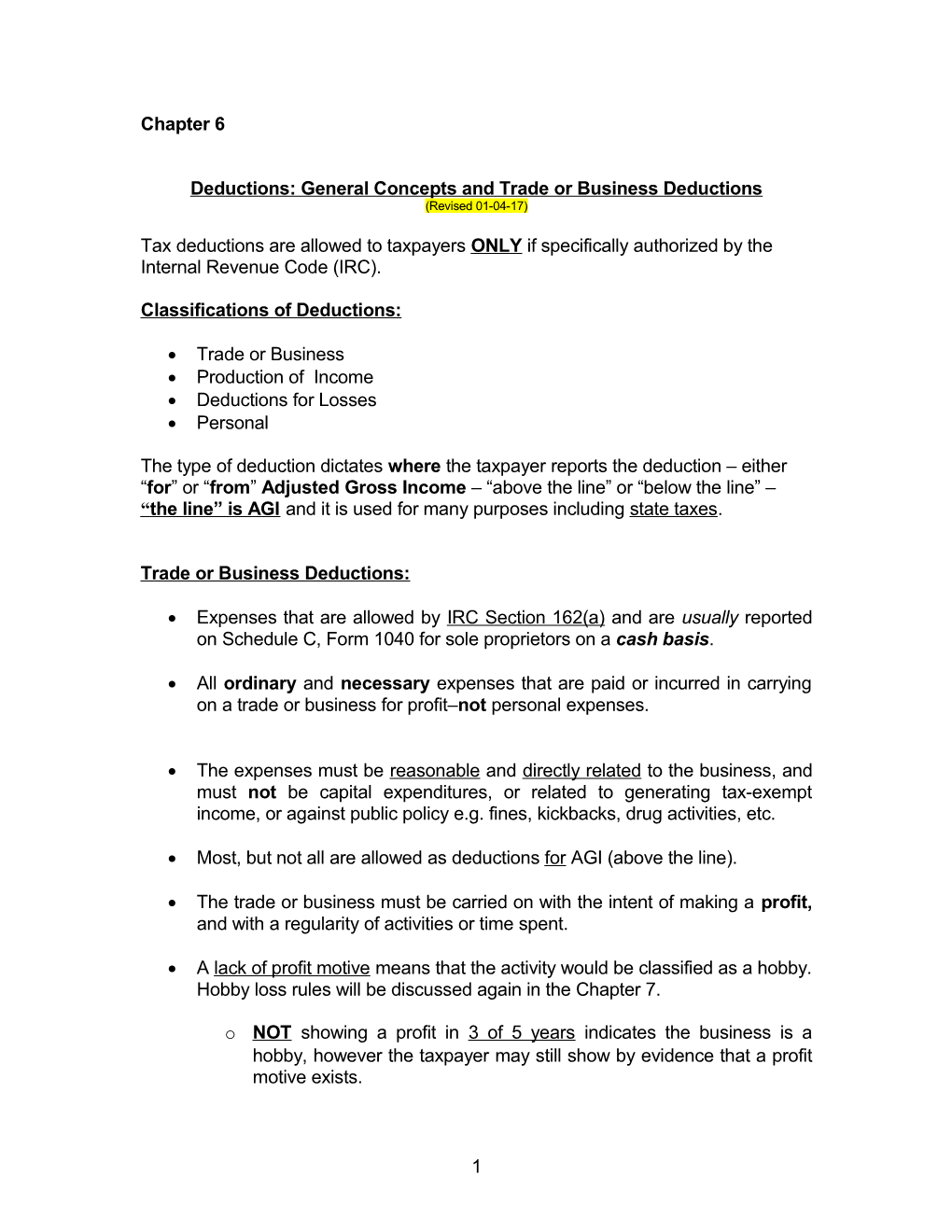 Deductions: General Concepts and Trade Or Business Deductions