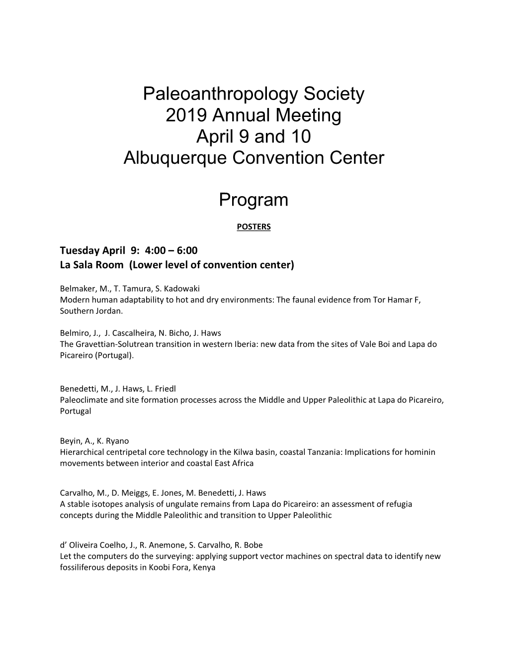 Paleoanthropology Society 2019 Program 3-16-19