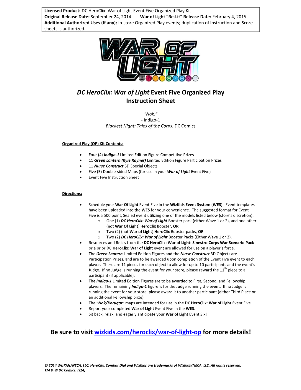 DC Heroclix: War of Light Event Five Organized Play Instruction Sheet