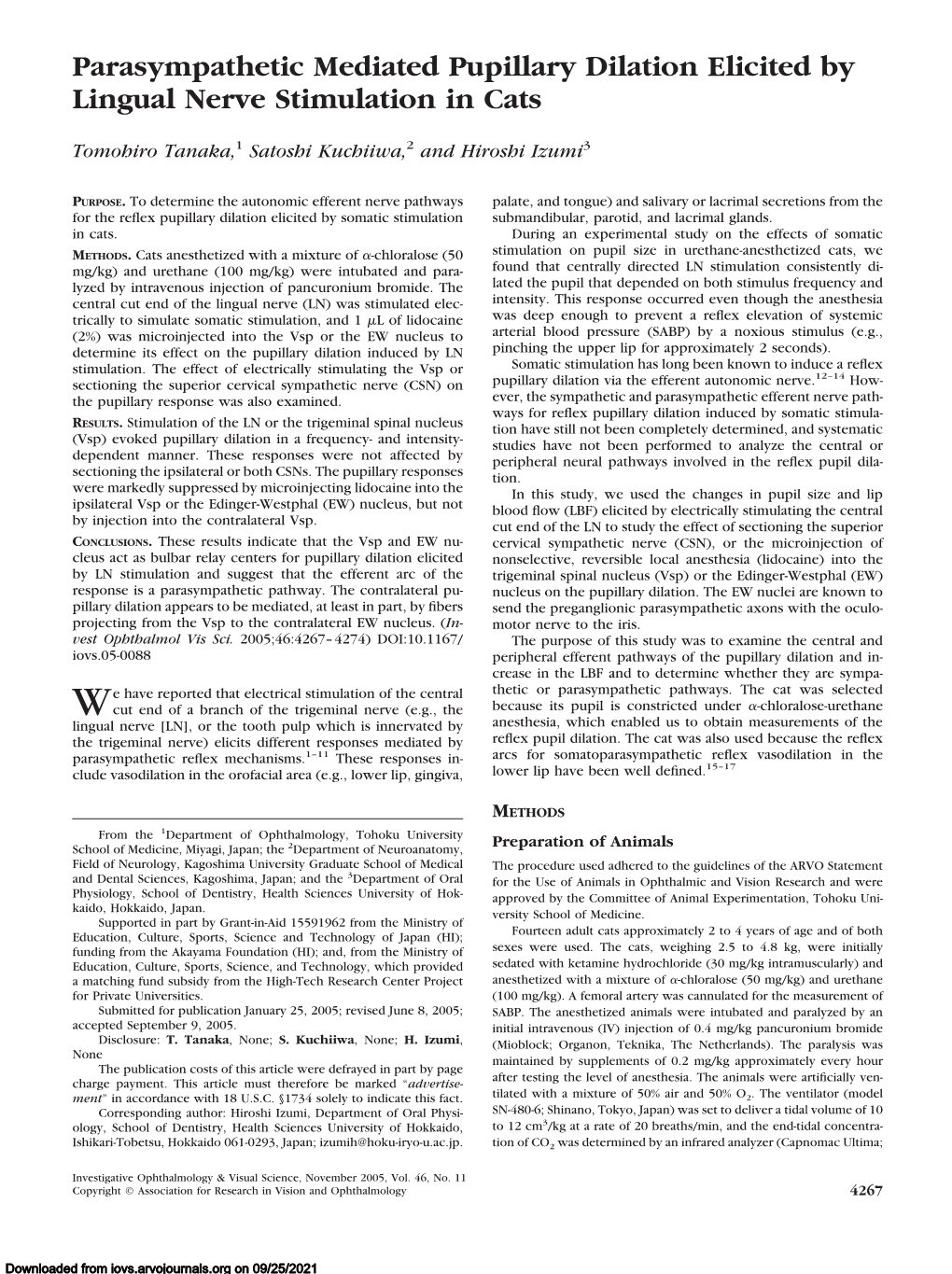 Parasympathetic Mediated Pupillary Dilation Elicited by Lingual Nerve Stimulation in Cats