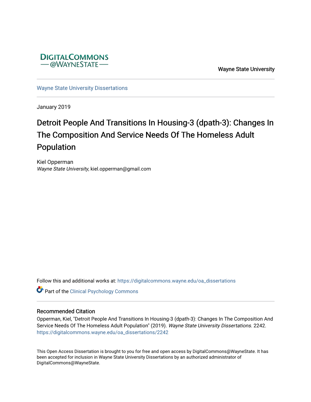 Dpath-3): Changes in the Composition and Service Needs of the Homeless Adult Population