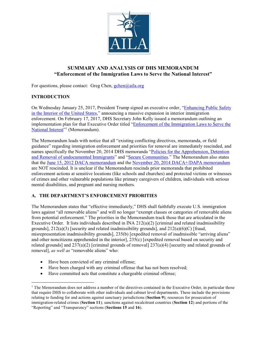 AILA Summary of DHS Interior Enforcement Memo