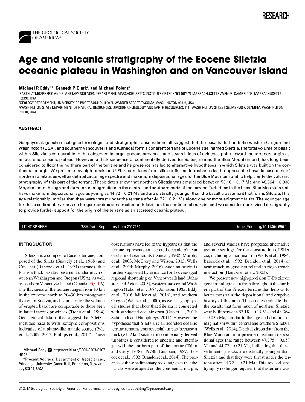 Age and Volcanic Stratigraphy of the Eocene Siletzia Oceanic Plateau in Washington and on Vancouver Island