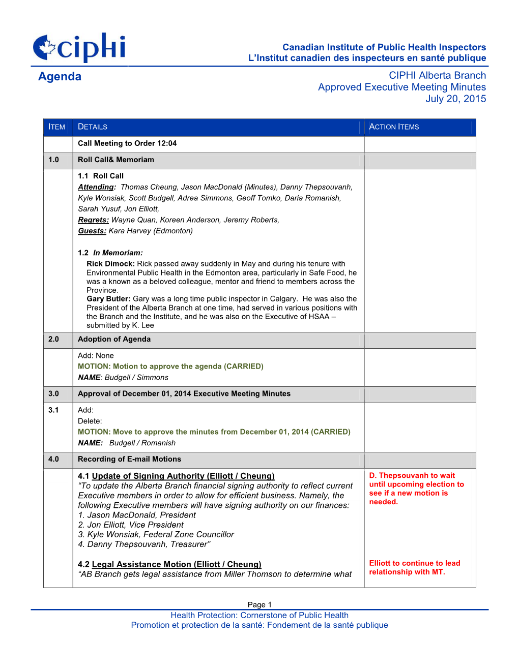 Agenda CIPHI Alberta Branch Approved Executive Meeting Minutes July 20, 2015