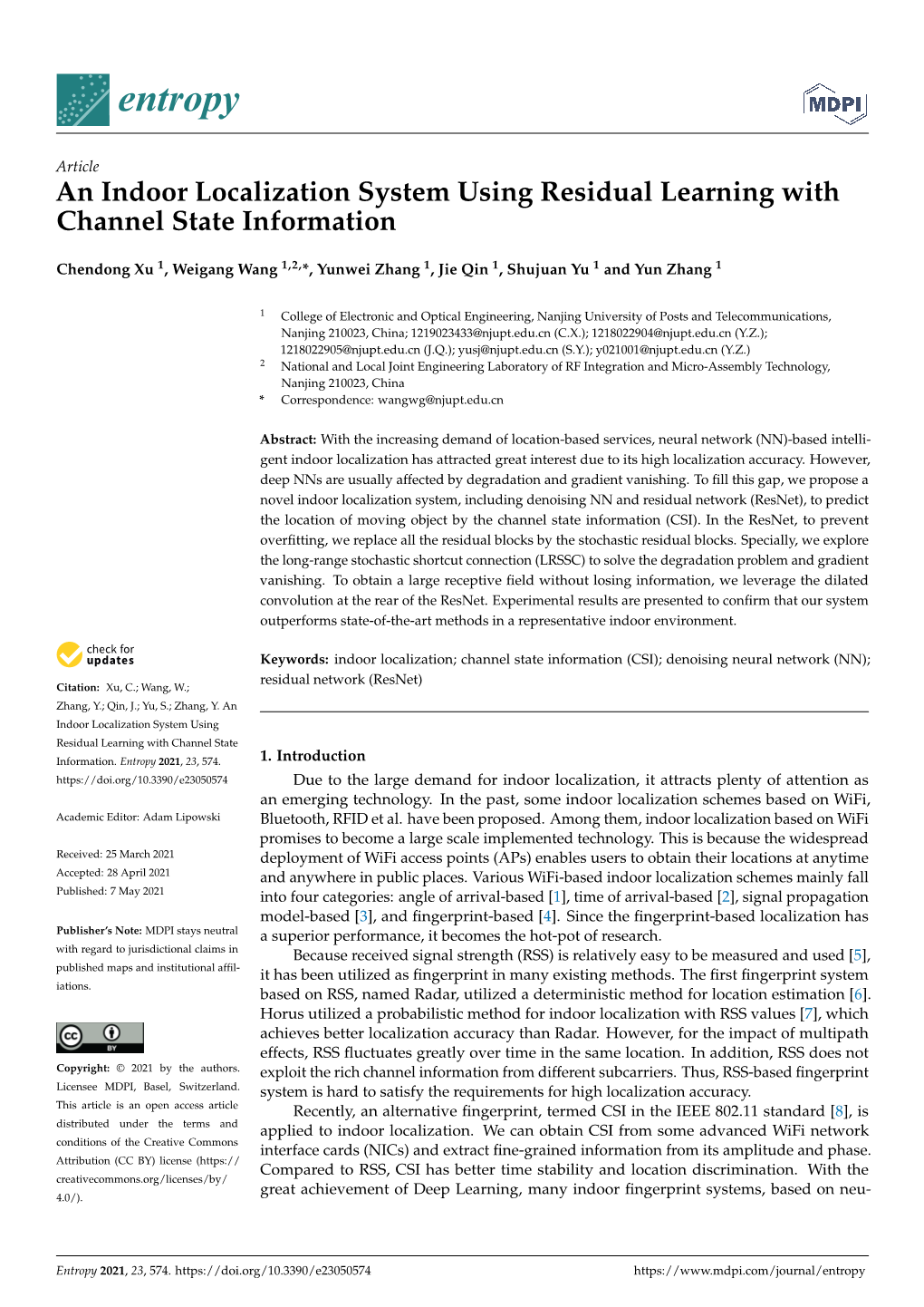An Indoor Localization System Using Residual Learning with Channel State Information