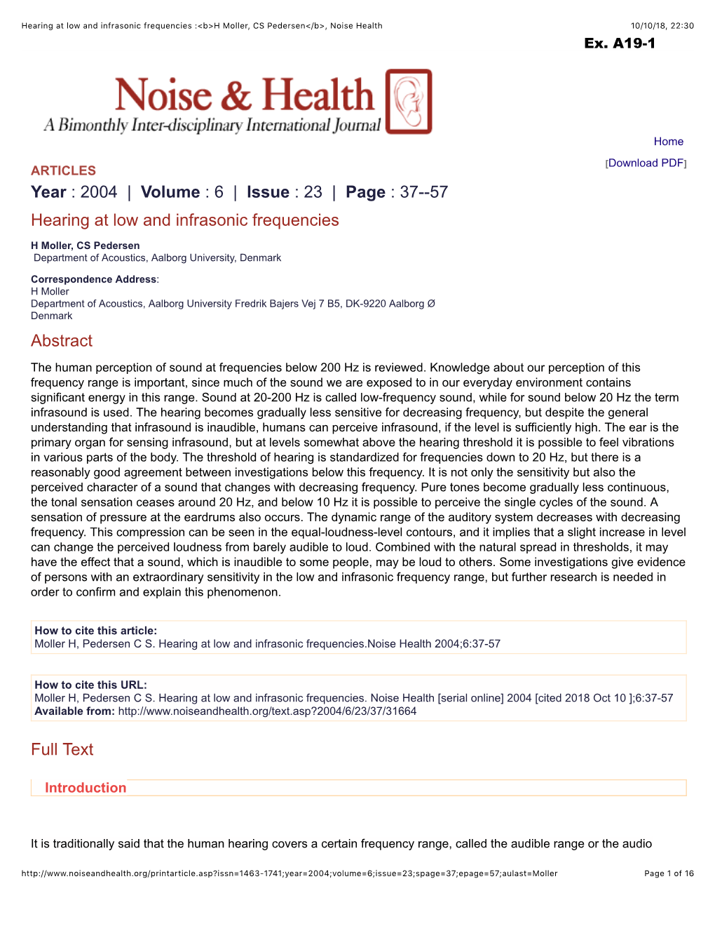 Hearing at Low and Infrasonic Frequencies :<B>H Moller, CS