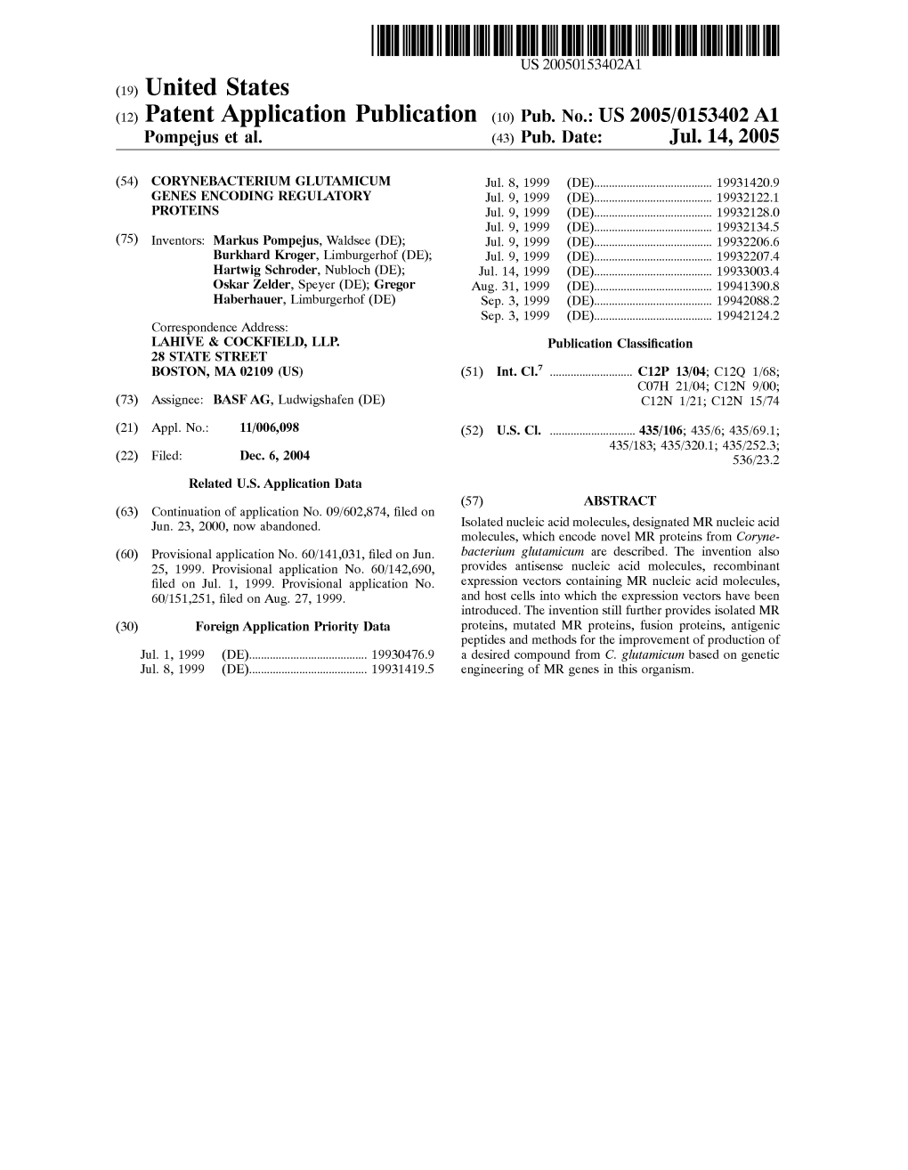 (12) Patent Application Publication (10) Pub. No.: US 2005/0153402 A1 Pompeius Et Al