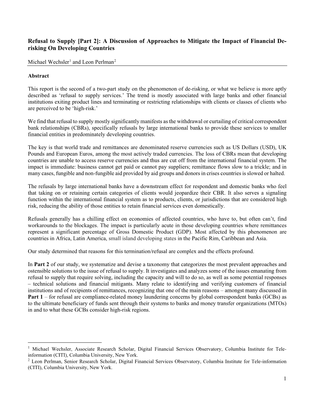 Refusal to Supply [Part 2]: a Discussion of Approaches to Mitigate the Impact of Financial De- Risking on Developing Countries