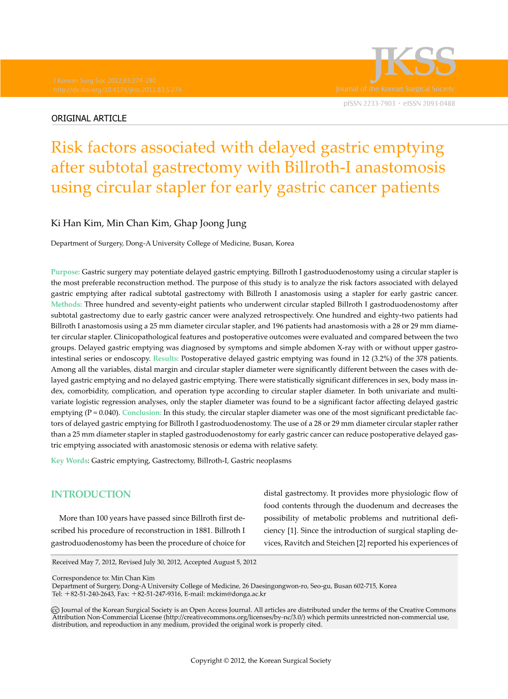 Risk Factors Associated with Delayed Gastric Emptying After Subtotal Gastrectomy with Billroth-I Anastomosis Using Circular Stapler for Early Gastric Cancer Patients