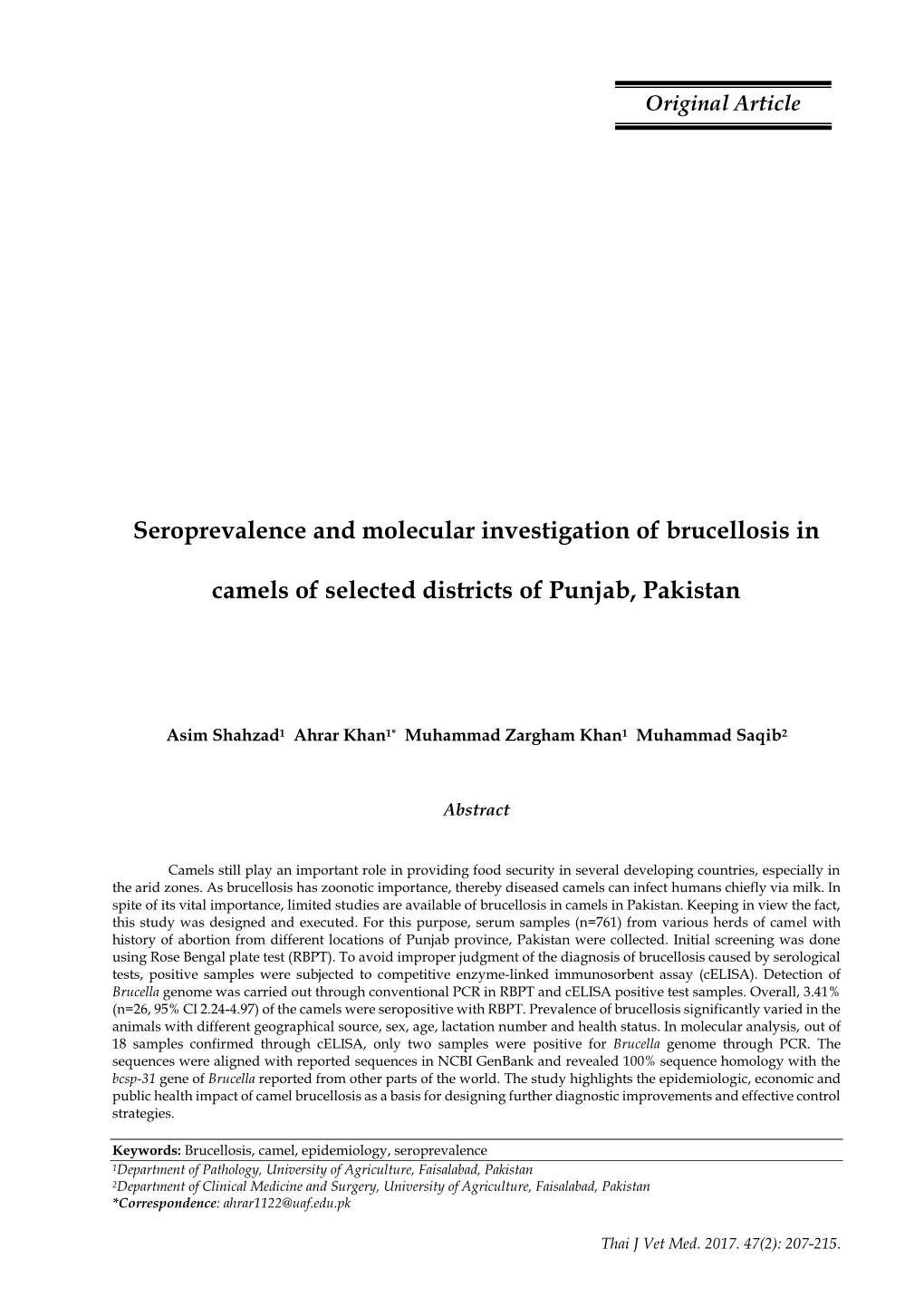 Seroprevalence and Molecular Investigation of Brucellosis In