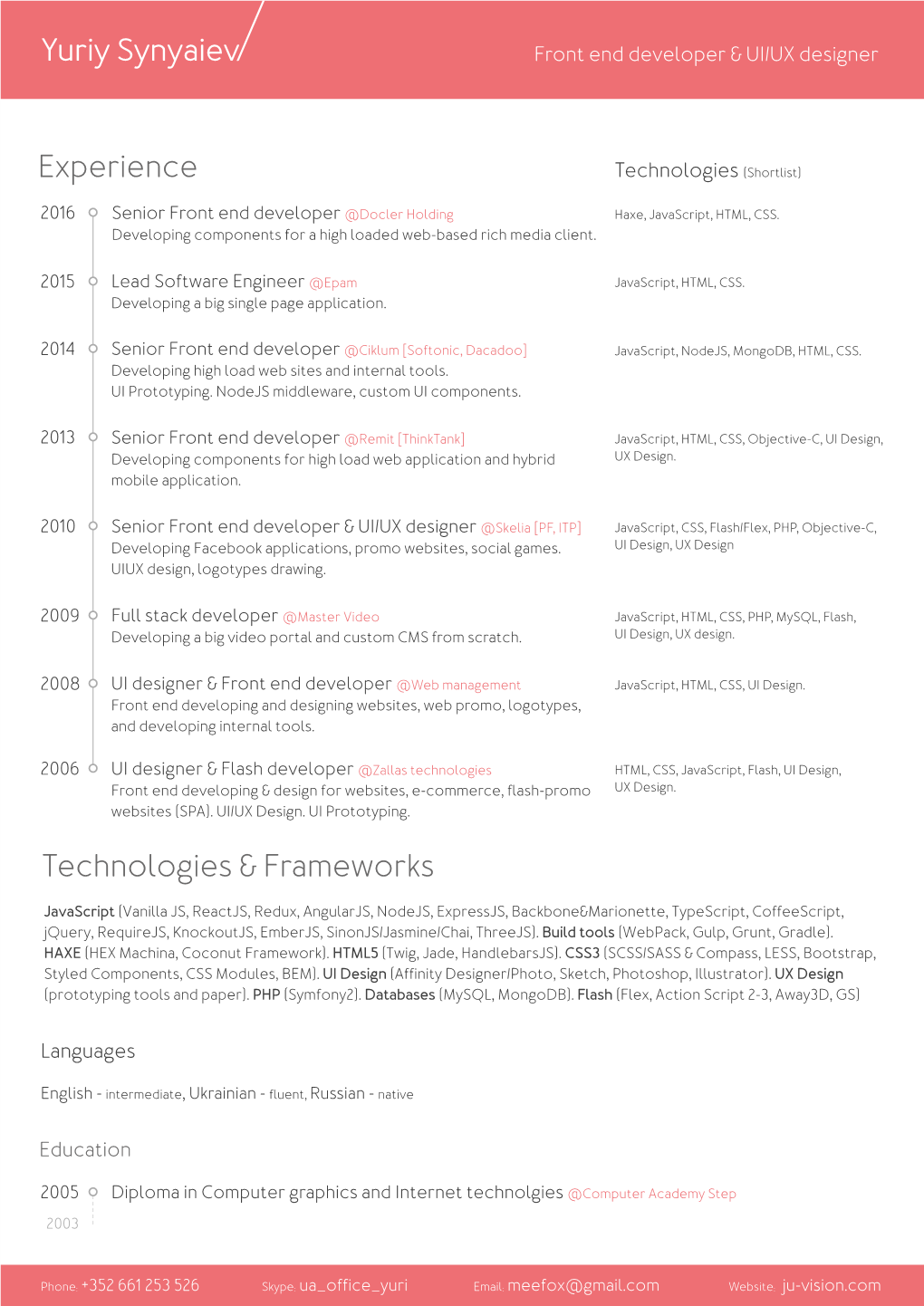 Experience Technologies & Frameworks Yuriy Synyaiev