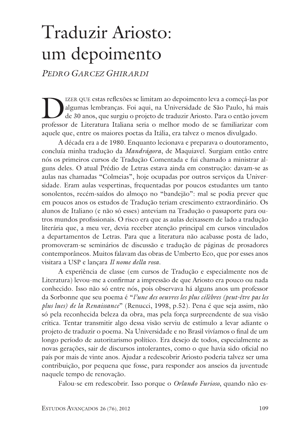 Traduzir Ariosto: Um Depoimento Pedro Garcez Ghirardi