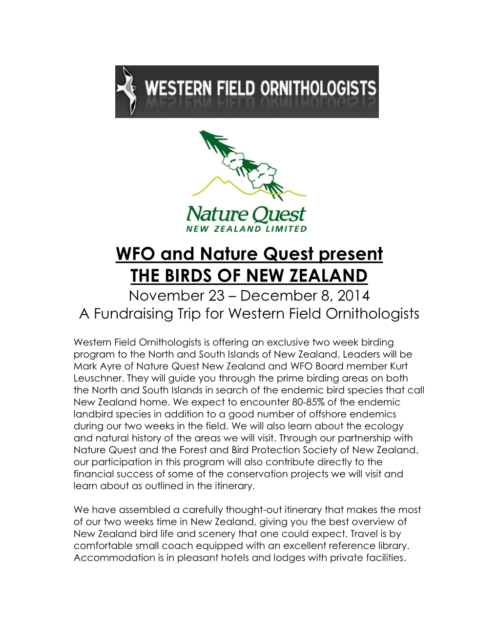 WFO and Nature Quest Present the BIRDS of NEW ZEALAND November 23 – December 8, 2014 a Fundraising Trip for Western Field Ornithologists